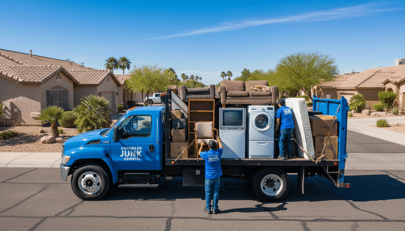 Junk removal truck loaded with furniture and appliances in Chandler with professional workers