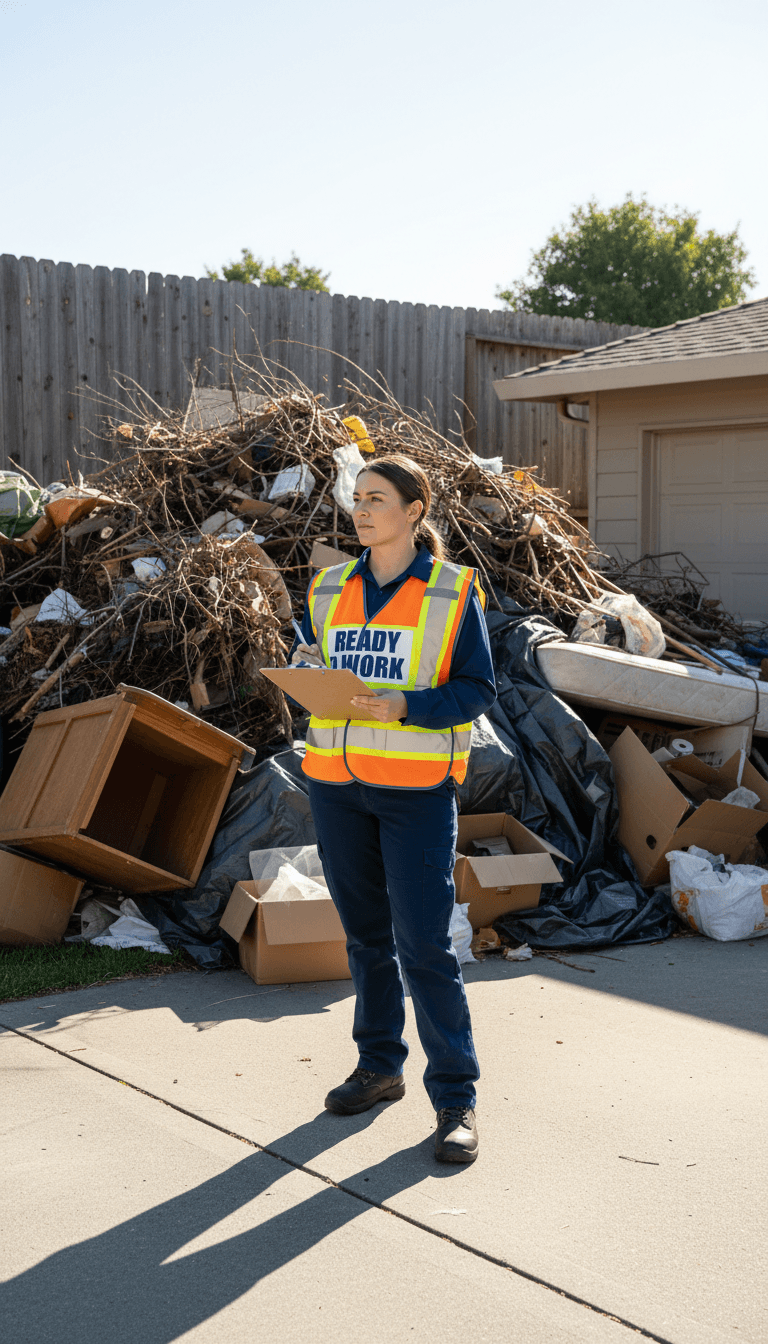 Junk removal specialist assessing yard waste debris